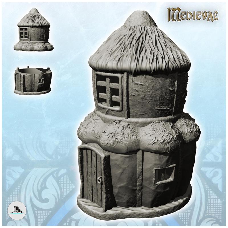 Round two-storey dwelling with wooden logs and straw roof (15) - Medieval Feudal Old Archaic Saga 28mm 15mm