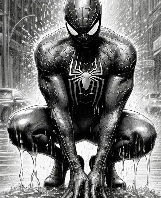 Spiderman crouching in the rain