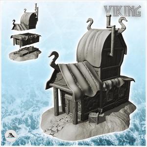 Viking building with wooden emblems and exterior pipes with skin roof (7) - Medieval Gothic Feudal Old Archaic Saga 28mm 15mm