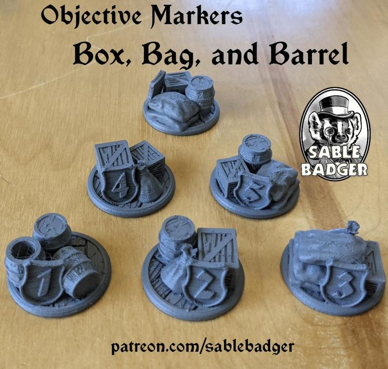 Objective Markers - Box, Bag and Barrel for Fantasy games.