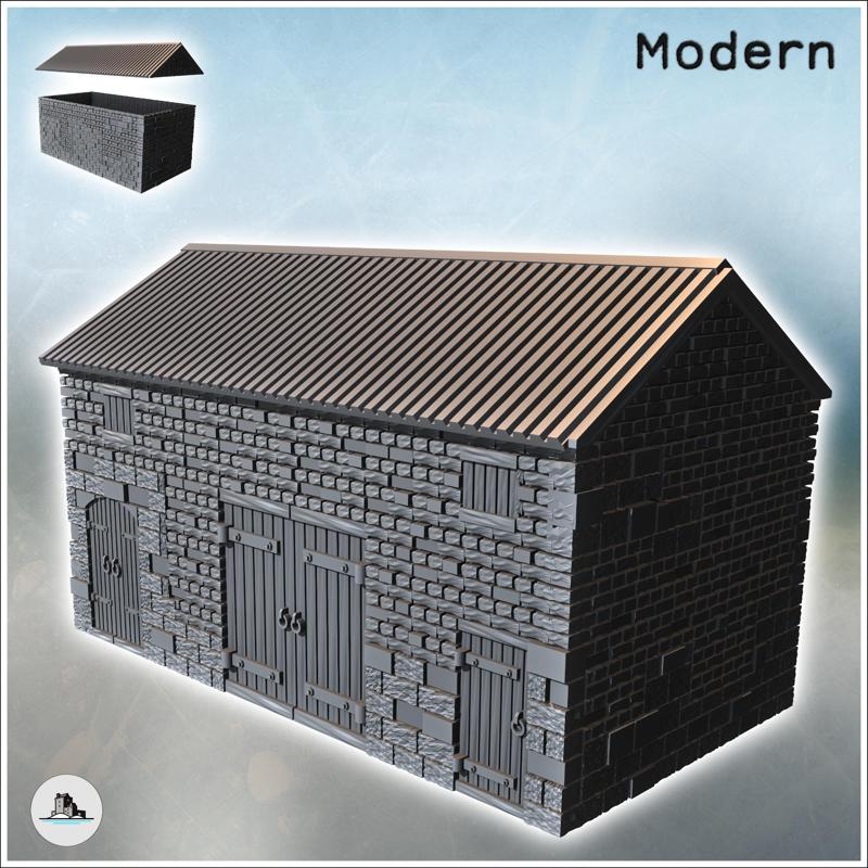 Large stone farm stable with a tin roof and wooden doors (3) - Modern WW2 WW1 World War Diaroma Wargaming RPG Mini Hobby