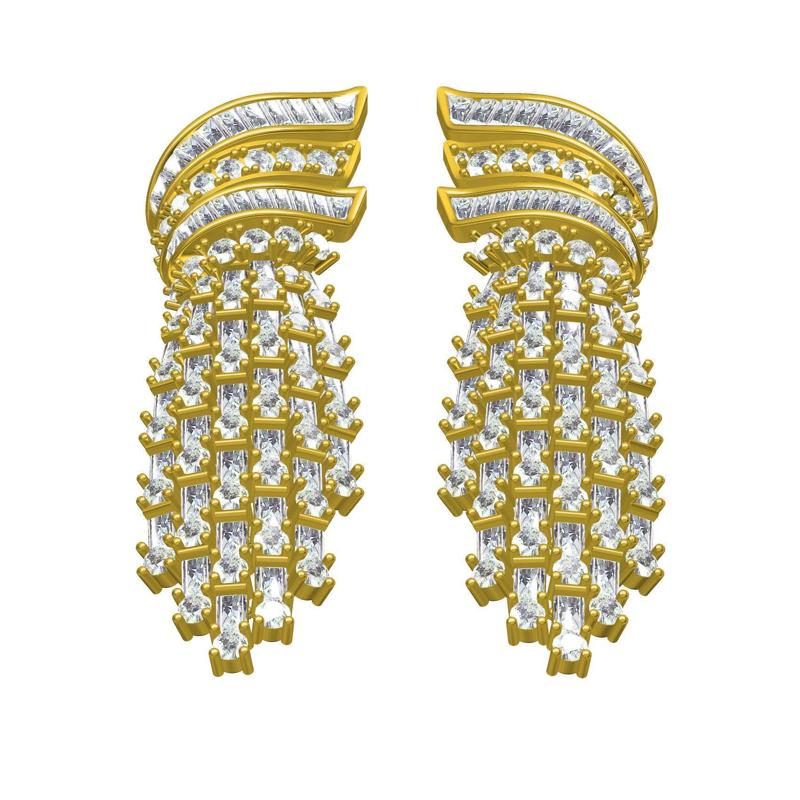 Round and Baguette Diamond Long Dongle Earring