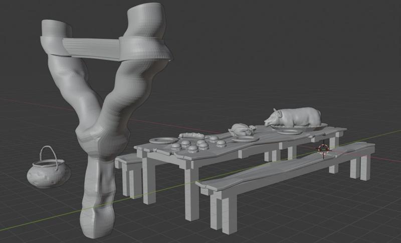 halfling slingshot and table and pot