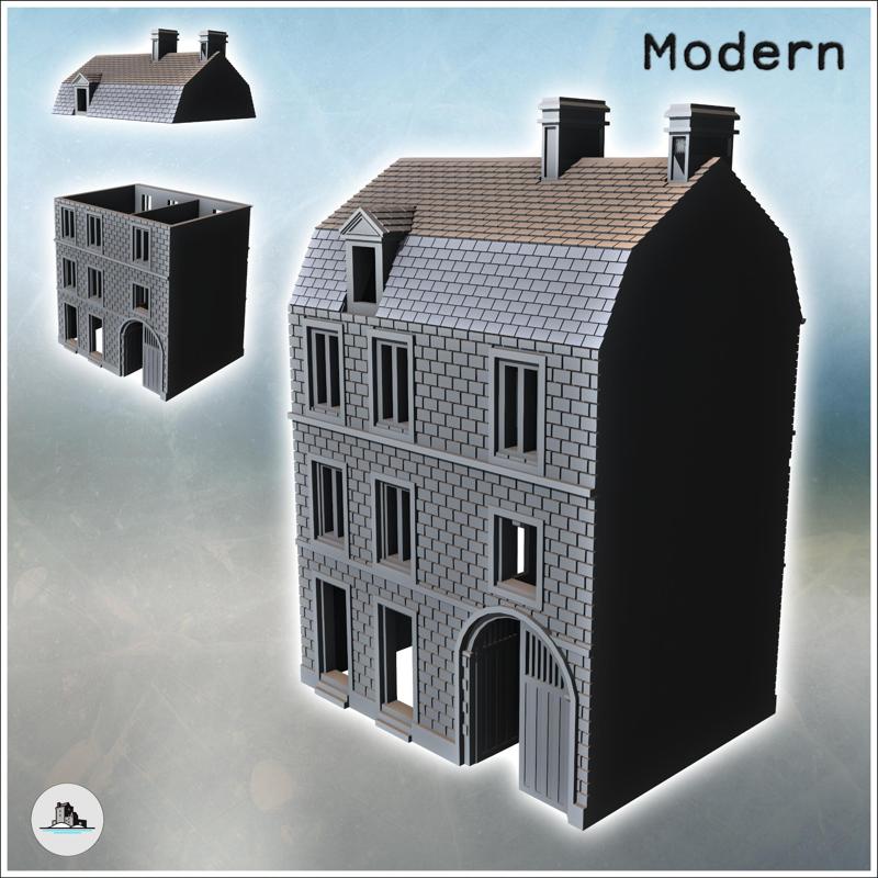 Modern two-story brick house with large wooden door and Mansard roof (31) - Modern WW2 WW1 World War Diaroma Wargaming RPG Mini Hobby