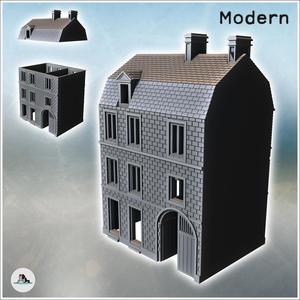 Modern two-story brick house with large wooden door and Mansard roof (31) - Modern WW2 WW1 World War Diaroma Wargaming RPG Mini Hobby
