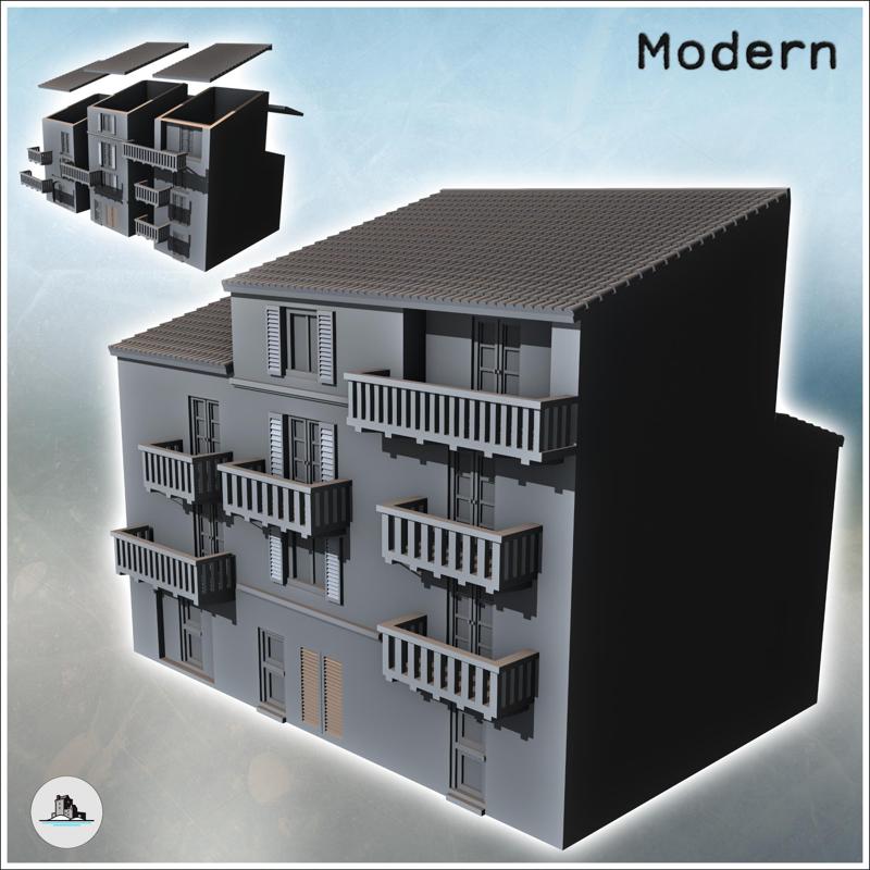 Modern single-sloped roof building with three balconied floors (15) - Modern WW2 WW1 World War Diaroma Wargaming RPG Mini Hobby