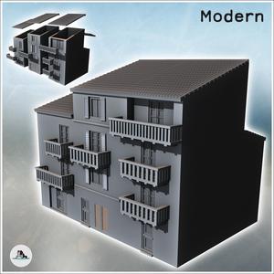 Modern single-sloped roof building with three balconied floors (15) - Modern WW2 WW1 World War Diaroma Wargaming RPG Mini Hobby