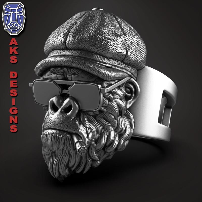Gangster smoking Gorilla with cap and glasses ring jewelry