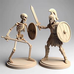 92 Duel of Skeleton and Warrior - 3D-Printed Wooden Statues, fantasy, art, sculpture, model, animal, 3d model, statue, creature, magic, 3d print, collectible, cat, bear, dinosaur, wood, dragon, sword, base, warrior