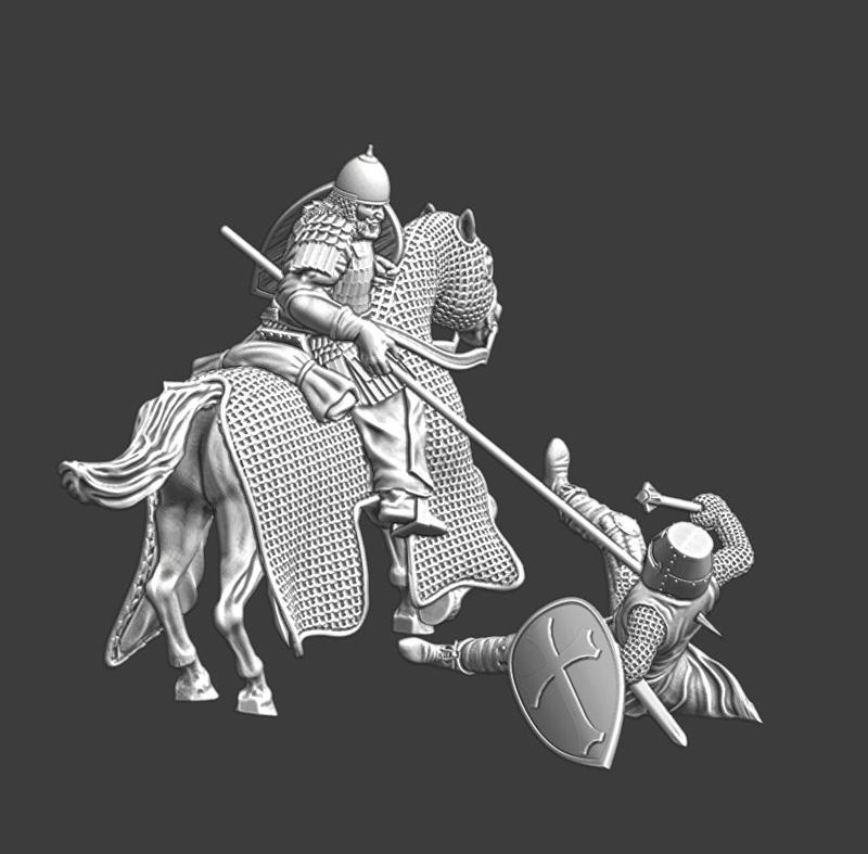 Mounted Kievan Rus warrior killing crusader knight