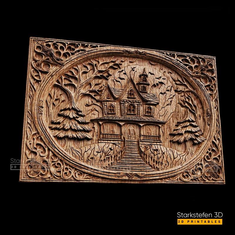 Haunted House 4 desings 3D Relief Model for CNC & 3D Printing (STL File)