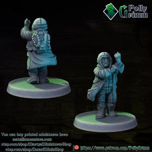 Tabletop miniature sci-fi cyberpunk fantasy. Dwarf street mage shaman