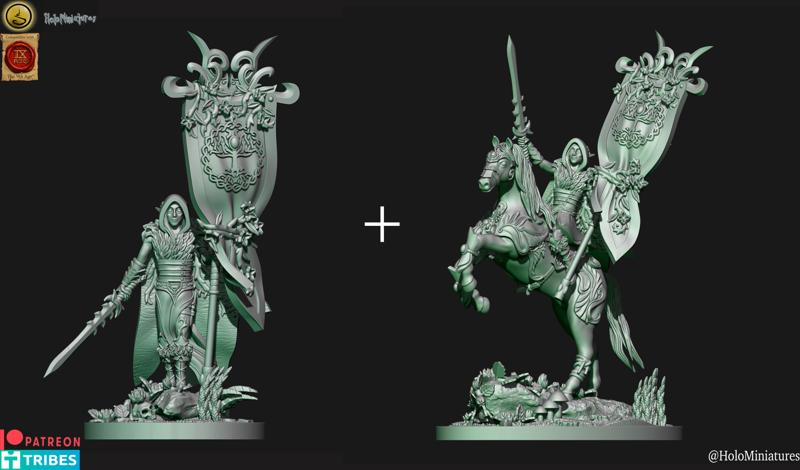 Wood elf battle standard bearer on foot + on horse (elves)