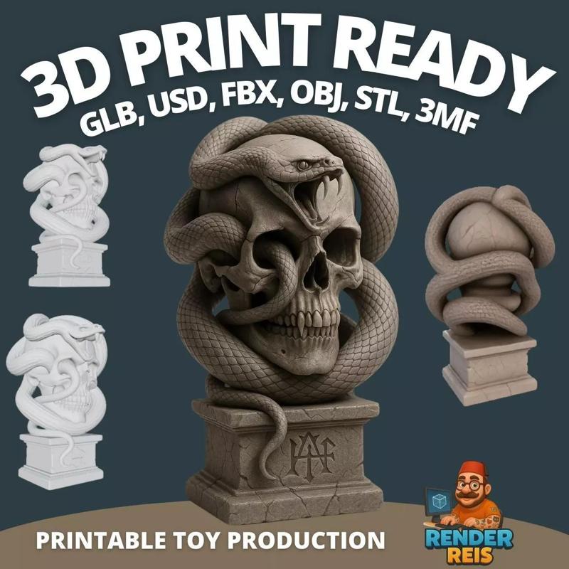 Skull and Serpent Bust Dark Mysticism Gothic 3D Sculpture
