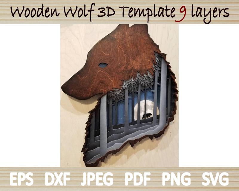 3D Wooden Wolf Wall Art - 9-Layer Glowforge SVG Laser Cut Files