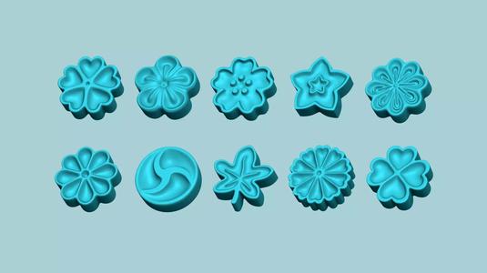 10 Manju Stamps - Japanese Sweet Mold Traditional Decoration 3D Model Collection
