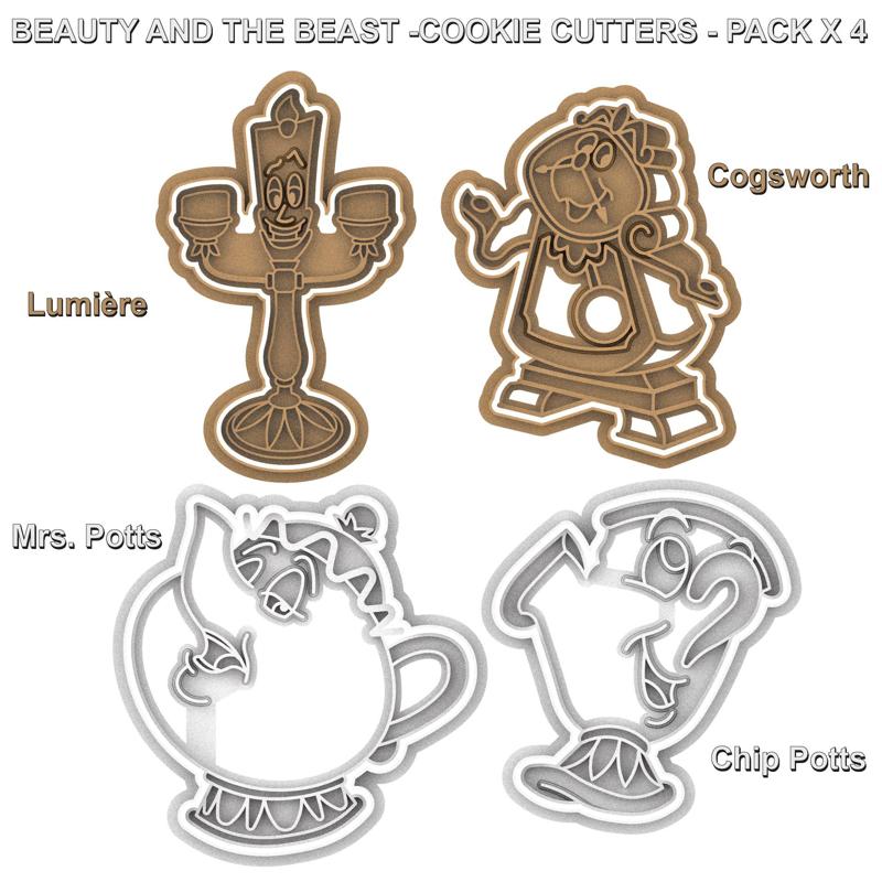 BEAUTY AND THE BEAST - COOKIE CUTTERS - PACK X 4 - Lumière - Cogsworth - Mrs. Potts - Chip Potts