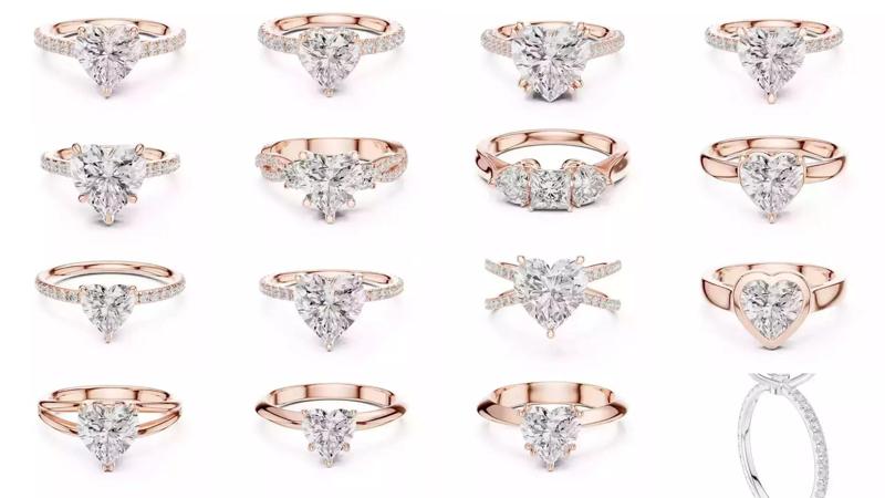 63 Heart Cut Diamond Rings 3DM STL OBJ FBX 3 Color Render Video 3D Model Collection