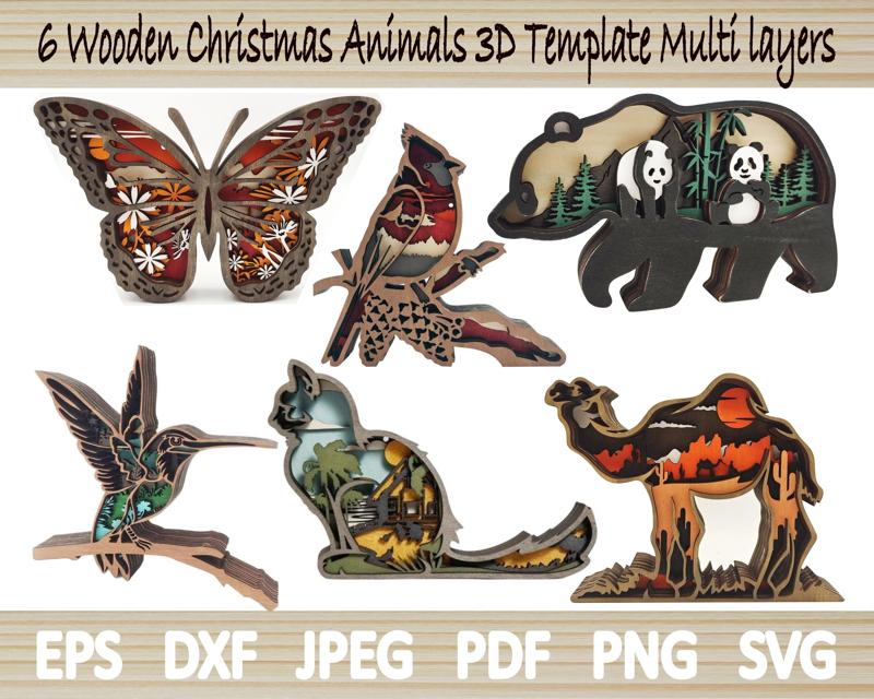 6 Wooden Animals Ornament Templates - Multi-Layer Glowforge File