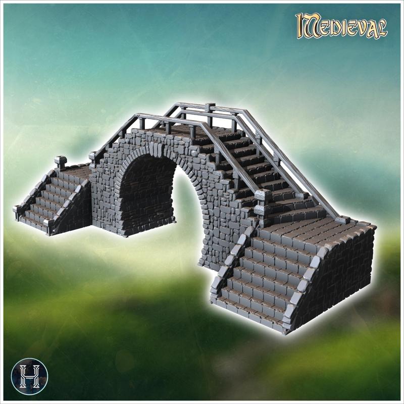 Medieval stone bridge with right-angled staircase and wooden railing (3) - Medieval Gothic Feudal Old Archaic Saga 28mm 15mm RPG