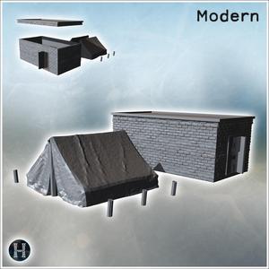 Small brick building with flat roof and two doors, adjacent to a tent (2) - Modern WW2 WW1 World War Diaroma Wargaming RPG Mini Hobby