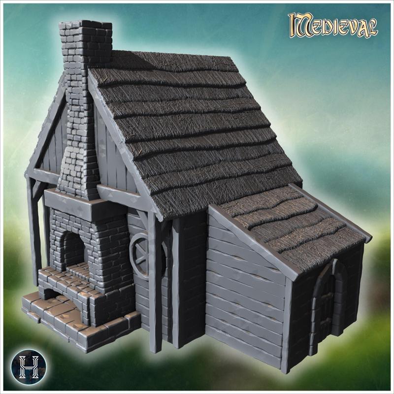Rural wooden house with stone fireplace, annex, and thatched roof covering the structure (11) - Medieval Gothic Feudal Old Archaic Saga 28mm 15mm RPG