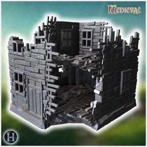 Collapsed wooden building with exposed structure, broken floors, and shattered windows (18) - Medieval Gothic Feudal Old Archaic Saga 28mm 15mm RPG
