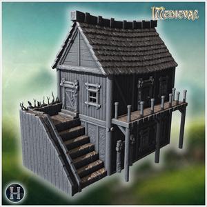Medieval wooden house with stone foundation, detailed stairs, and fortified balcony (3) - Medieval Gothic Feudal Old Archaic Saga 28mm 15mm RPG