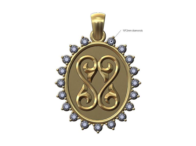 Oval floral scroll diamond pendant charm 3D print model