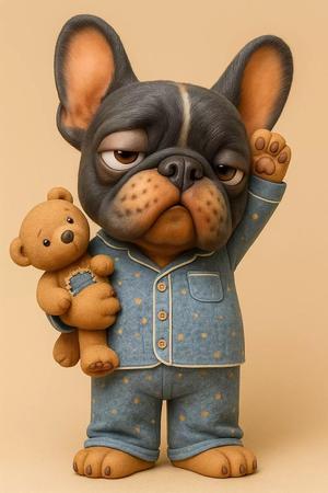 Sleepy French Bulldog in Pajamas Holding a Teddy