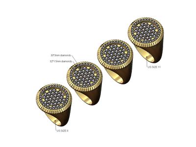 Iced diamond fluted round signet ring US sizes 8to11 3D print model