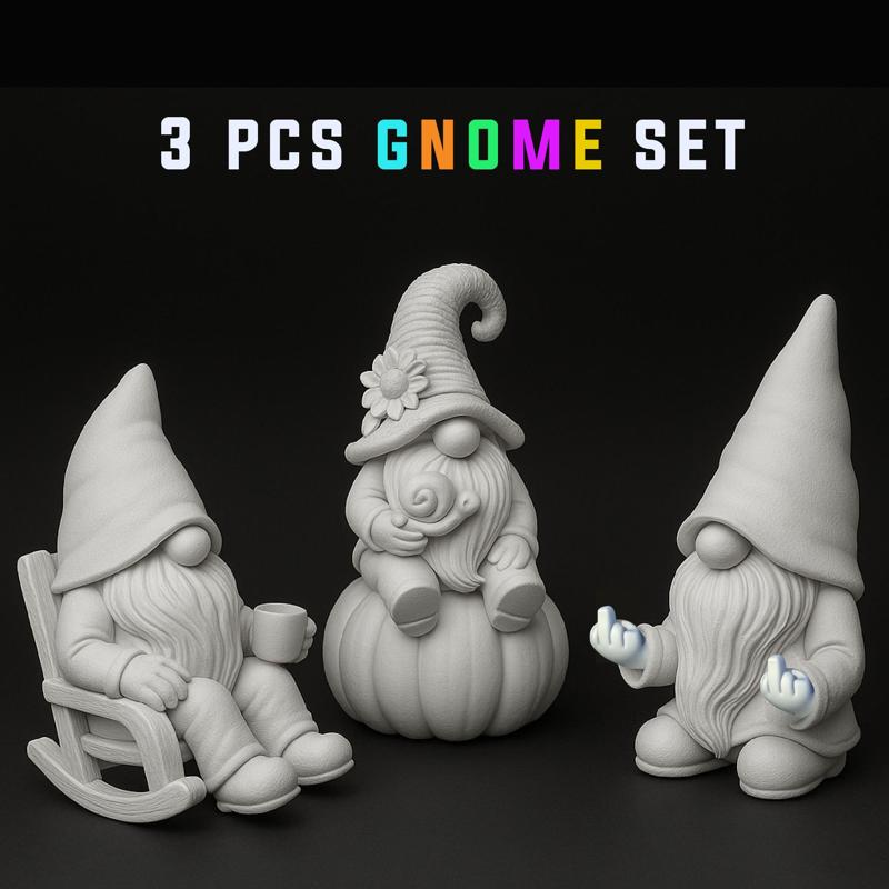 Garden Gnome Figures, 3 pcs. Spring Gnomes, Rocking Chair, Pumpkin & Funny Gesture Design, for Garden, Shelf, Patio