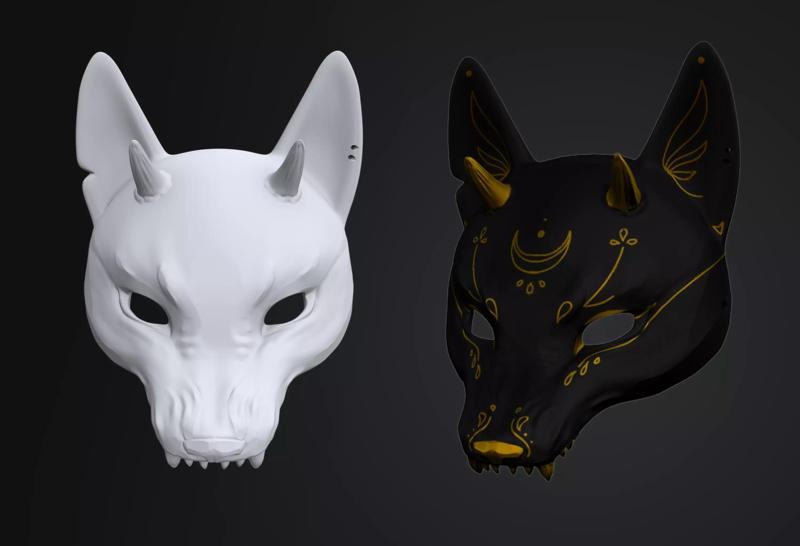 Japanese Fox Mask Kitsune with horns for cosplay