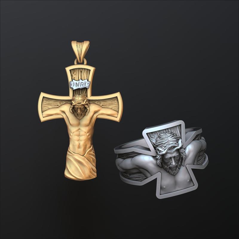 Jesus Crucifixion cross ring pendant set 3D print model