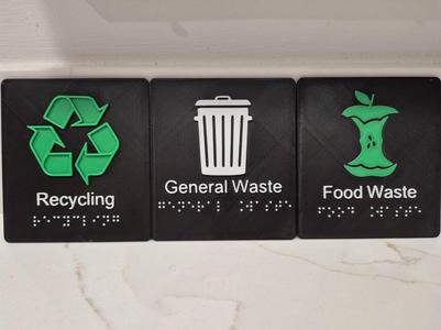 3 Waste Disposal Logo Signs with Text & Braille