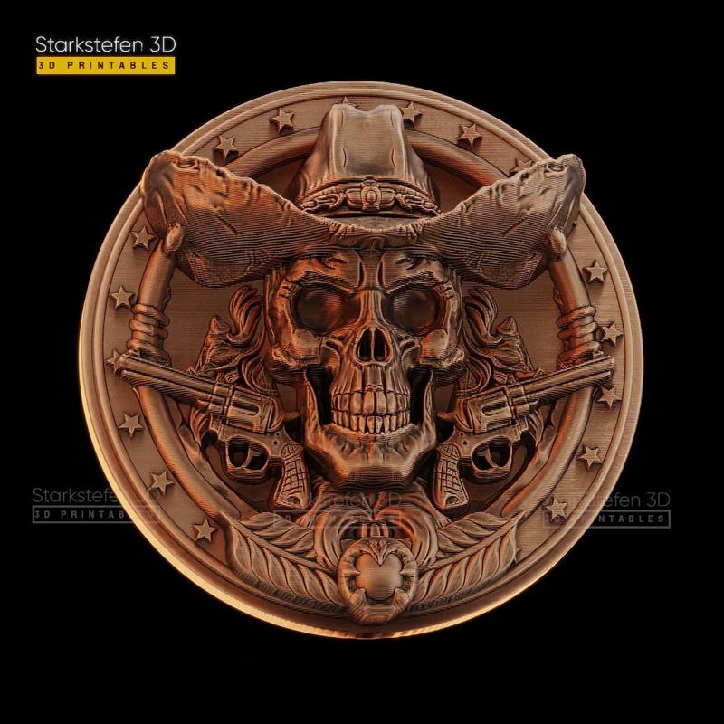 3D Skull Cowboy with Gun Emblem Decor – STL for 3D Printing