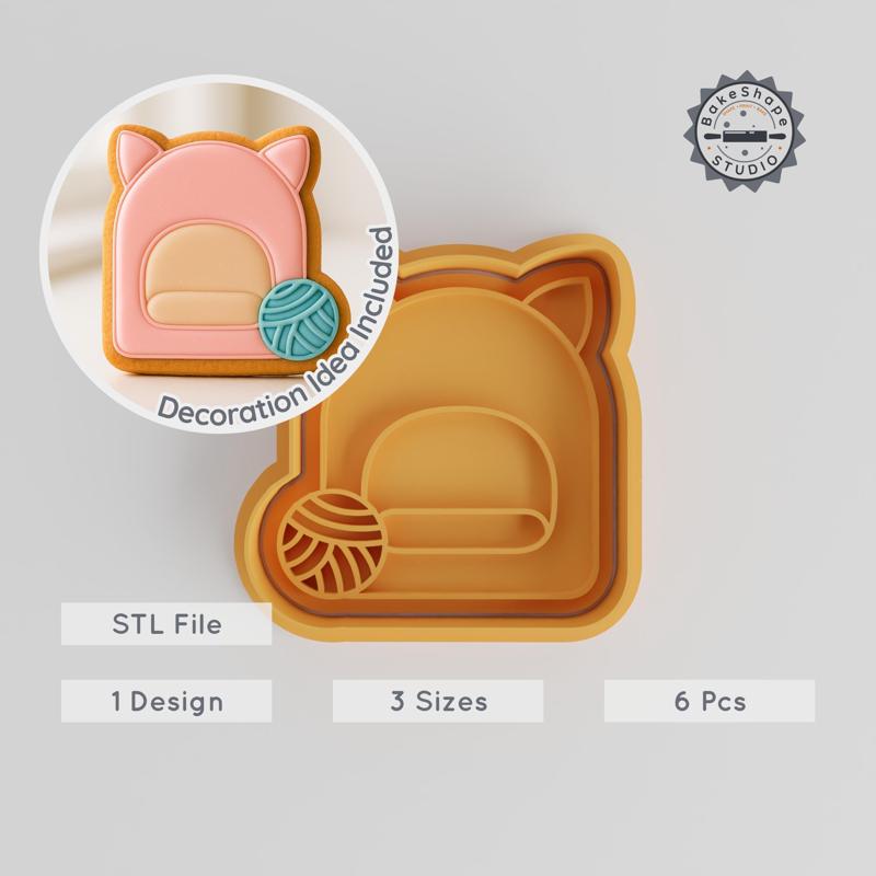 Cattery Shape Cutter & Stamp Set, Cat Bed Fondant Cookie Tool, 3 Sizes, Perfect for Cat-Themed Baking, 6-Piece Collection