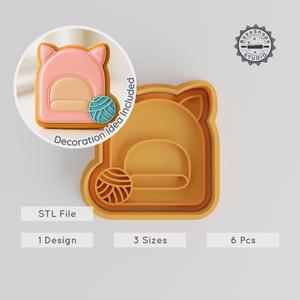 Cattery Shape Cutter & Stamp Set, Cat Bed Fondant Cookie Tool, 3 Sizes, Perfect for Cat-Themed Baking, 6-Piece Collection