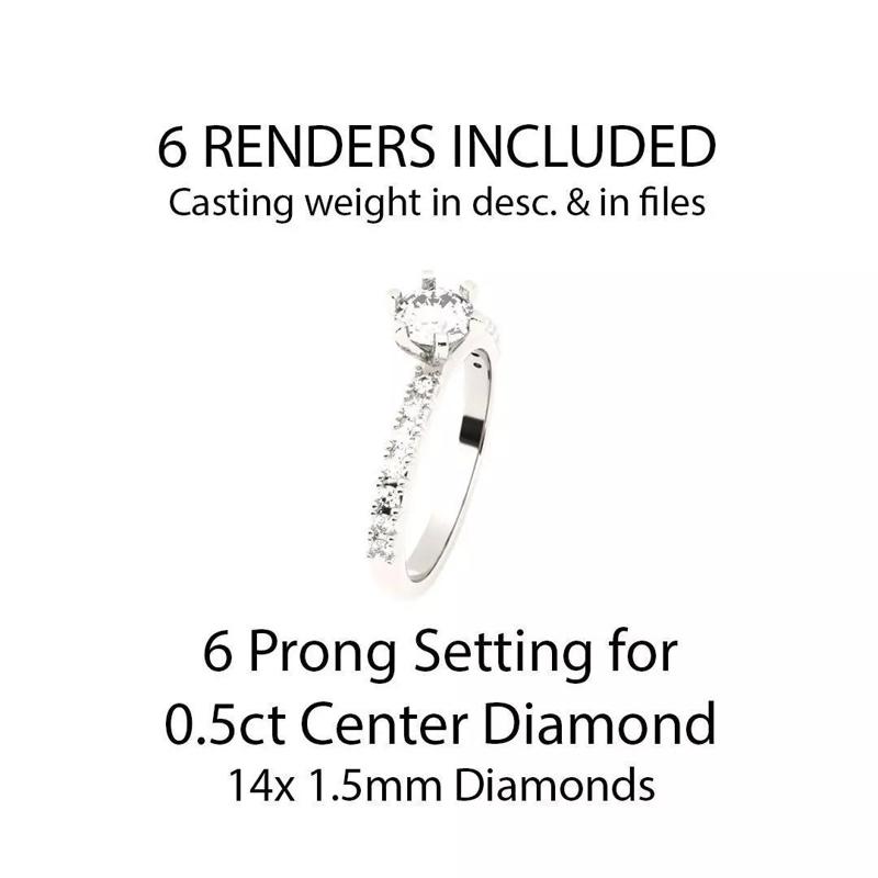 6 Prong Classic Engagement Ring w Pave Side Stones ENGCP01 STL