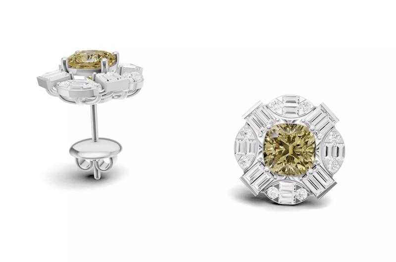 Cushion Colour Stone Stud with Baguette and Round Diamond