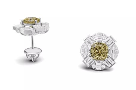 Cushion Colour Stone Stud with Baguette and Round Diamond