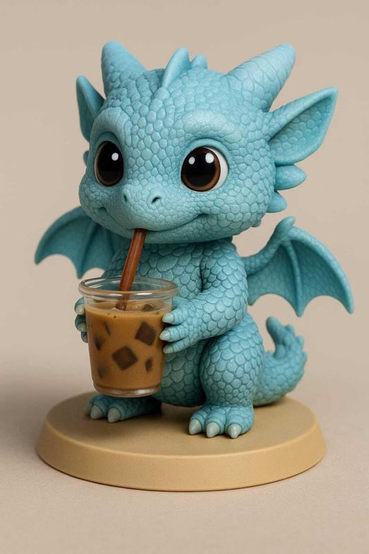Baby ice dragon with iced coffee 3D resin figure