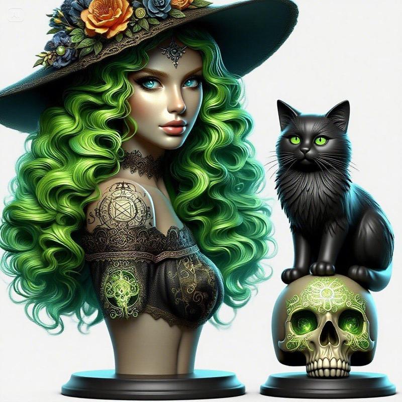 1859 Green-Haired Witch Bust with Cat and Skull, magic, dragon, serpent, mask, gnome, gorgon, venetian carnival, wild, fox, monster, cat, fair, witch, werewolf, horror, beast, snake, troll, skeleton dance