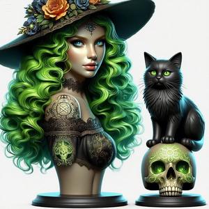1859 Green-Haired Witch Bust with Cat and Skull, magic, dragon, serpent, mask, gnome, gorgon, venetian carnival, wild, fox, monster, cat, fair, witch, werewolf, horror, beast, snake, troll, skeleton dance