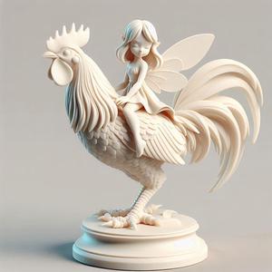 015 Fairy Rider - 3D-Printed Ivory-Style Statue of Fairy on Rooster, dinosaur, sculpture, troll, monkey, witch, witch, werewolf, pug, serpent, dragon, dnd, cat, monster hunter, dog, totem, totemic