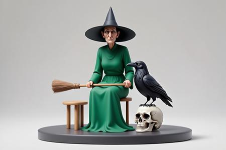 1386 Witch with Broom, Raven and Skull - Colorful Full-Body Figurine, magic, creature, fantasy, wood, gnome, gorgon, warrior, wild, fox, monster, cat, dog, fair, witch, werewolf, horror, beast, gothic, troll