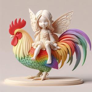 918 Fairy Rider - COLORFUL 3D-Printed Ivory-Style Statue of Fairy on Rooster, magic, witch, werewolf, fantasy, wood, base, sword, warrior, wild, dnd, cat, monster, dog, godzilla, fair, lion, fox, faun, pomeranian, beast