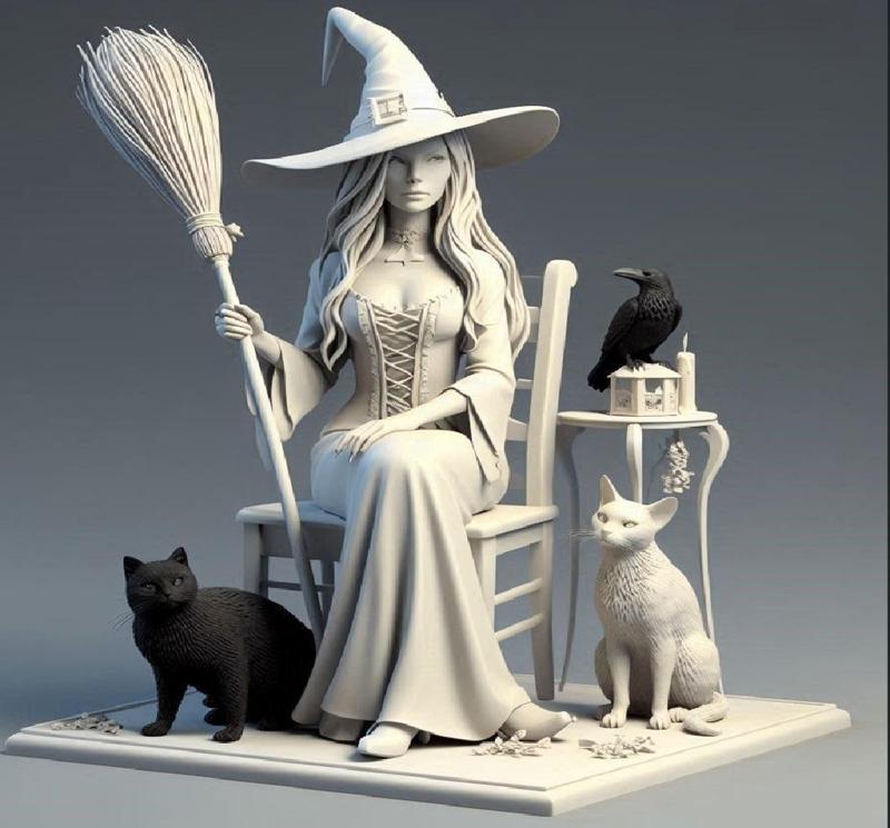204 Ivory Witch on Chair with Cat and Raven - 3D Figurine, collectible, dinosaur, sculpture, monkey, witch, fairy, knight, fantasy, art, viking, dragon, dnd, cat, monster hunter, dog, totem