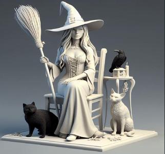 204 Ivory Witch on Chair with Cat and Raven - 3D Figurine, collectible, dinosaur, sculpture, monkey, witch, fairy, knight, fantasy, art, viking, dragon, dnd, cat, monster hunter, dog, totem
