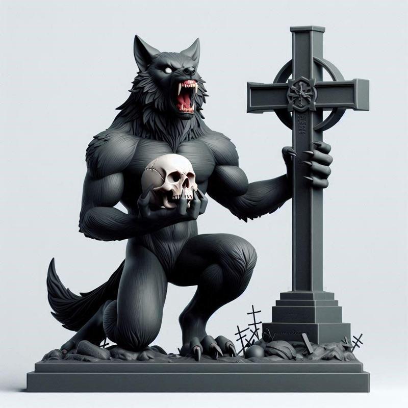 1072 COLORFUL Werewolf Howling with Skull - 3D Model, beast, magic, creature, fantasy, wood, base, sword, warrior, wild, cat, monster, dog, godzilla, fair, witch, werewolf, horror, beast, gothic, troll